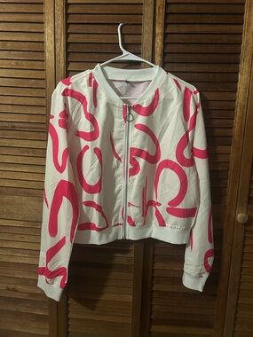 White Bomber Jacket with Pink Abstract Print - Women's